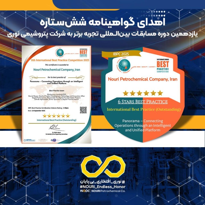 اهدای گواهینامه شش‌ستاره یازدهمین دوره مسابقات بین‌المللی تجربه برتر به شرکت پتروشیمی نوری